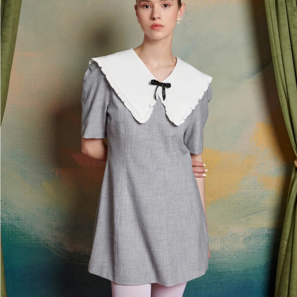 Sister Jane Gray Dress with White Ruffled Collar and Black Beaded Bow